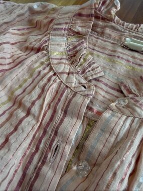 Light Pink Striped Ruffle Neck Blouse